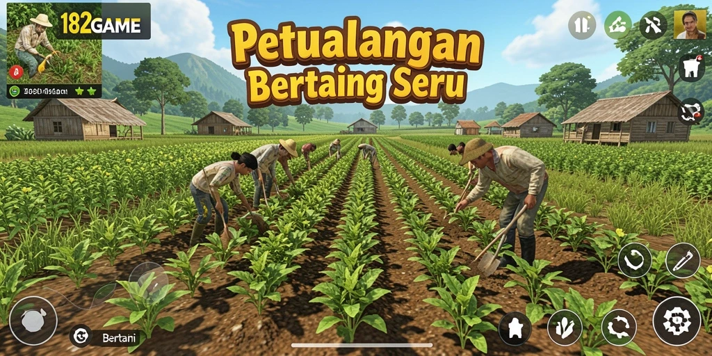 Tampilan antarmuka 182GAME dengan elemen bertani yang kaya.