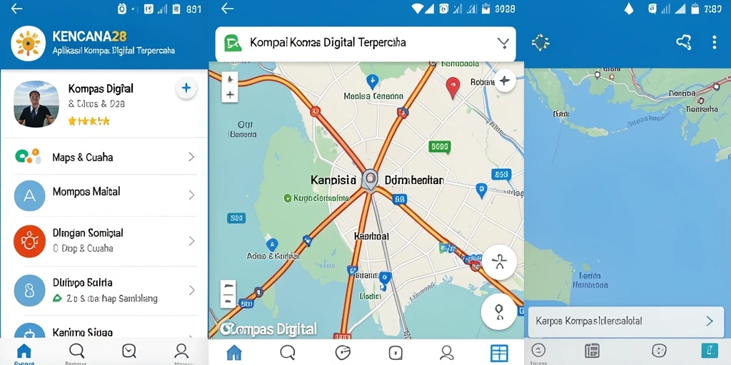 Tampilan antarmuka KENCANA28 dengan fitur kompas digital yang jelas.